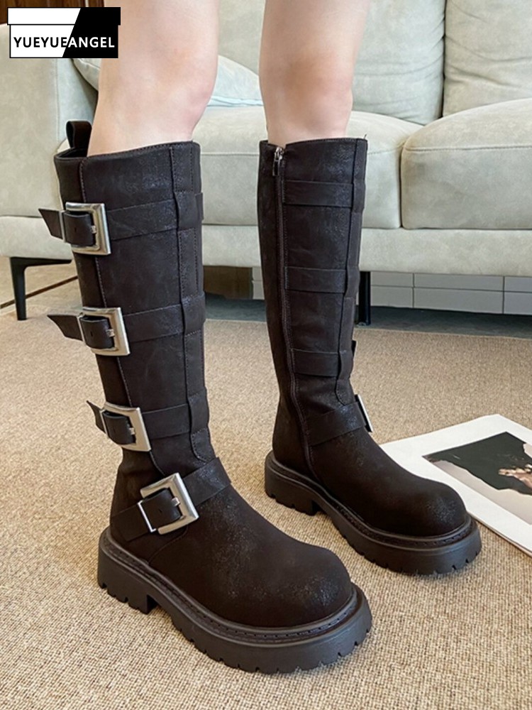 Leather Work Boots - Mode Dames Multi Buckle Kniehoge Laarzen