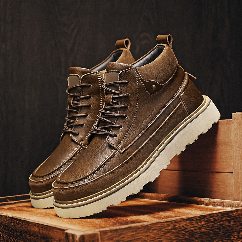 Leather Work Boots - Bruine fleece gevoerde warme hoge werklaarzen